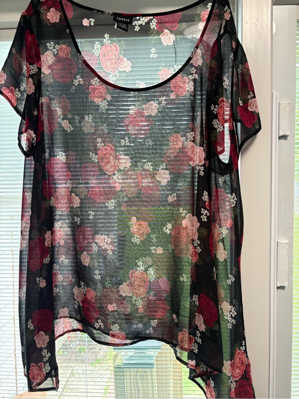 torrid Black Sheer Floral Scoop Neck Top with Pink Roses